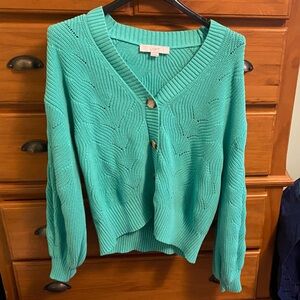 LOFT Green Open-Knit V-Neck Button Cardigan